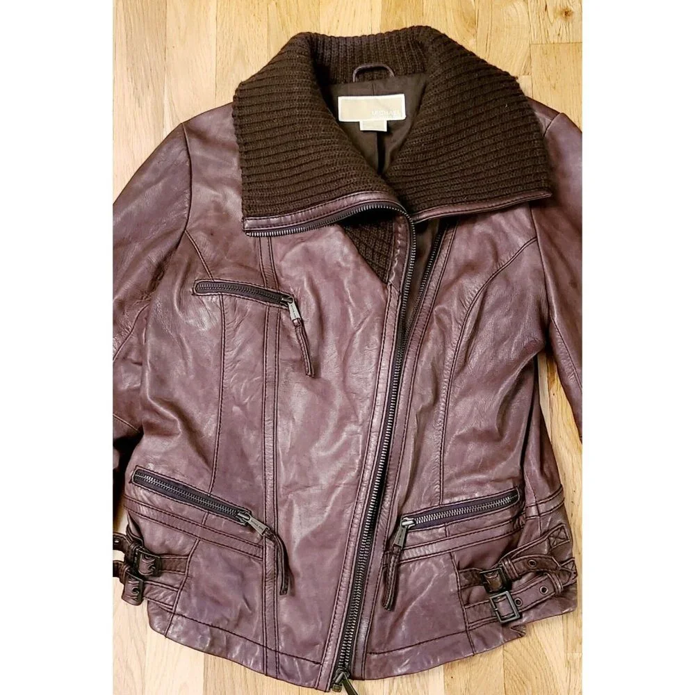 Michael Kors Women’s  Vintage 80s Leather Moto Jacket Brown Size Large - Picture 2 of 11